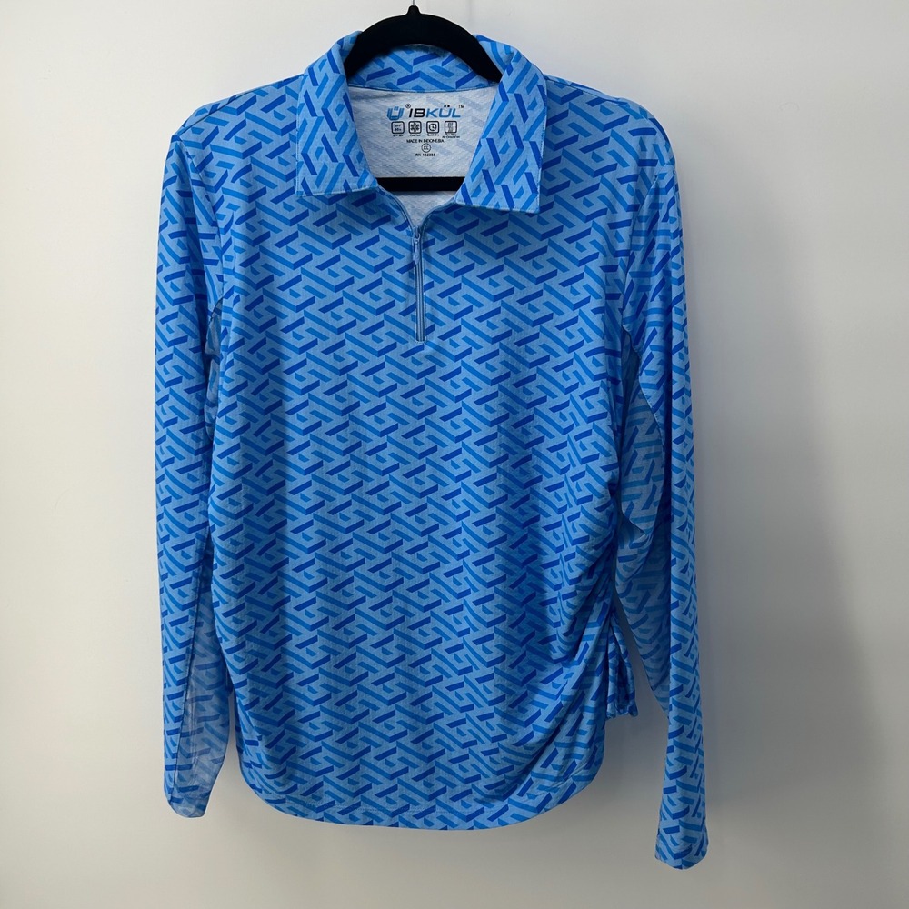 IBKUL Womens XL Blue Geometric Sun Shirt UPF 50+ Quarter Zip Golf Top LS